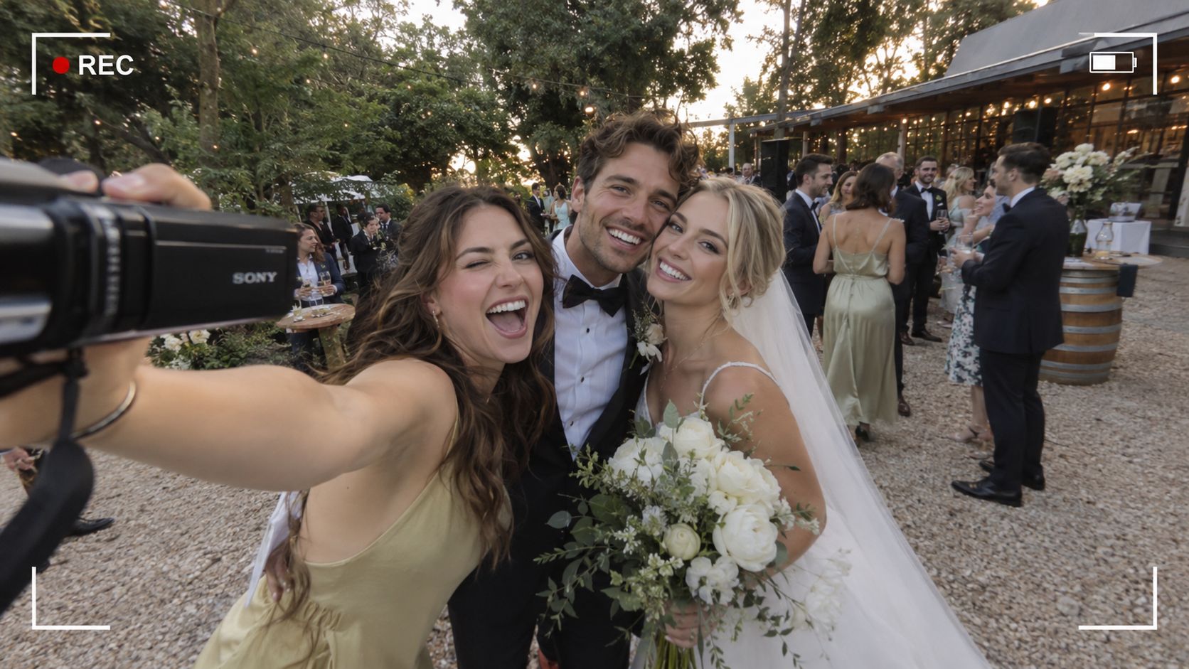 A bridesmaid takes a camcorder selfie with the newlyweds during an outdoor cocktail hour
